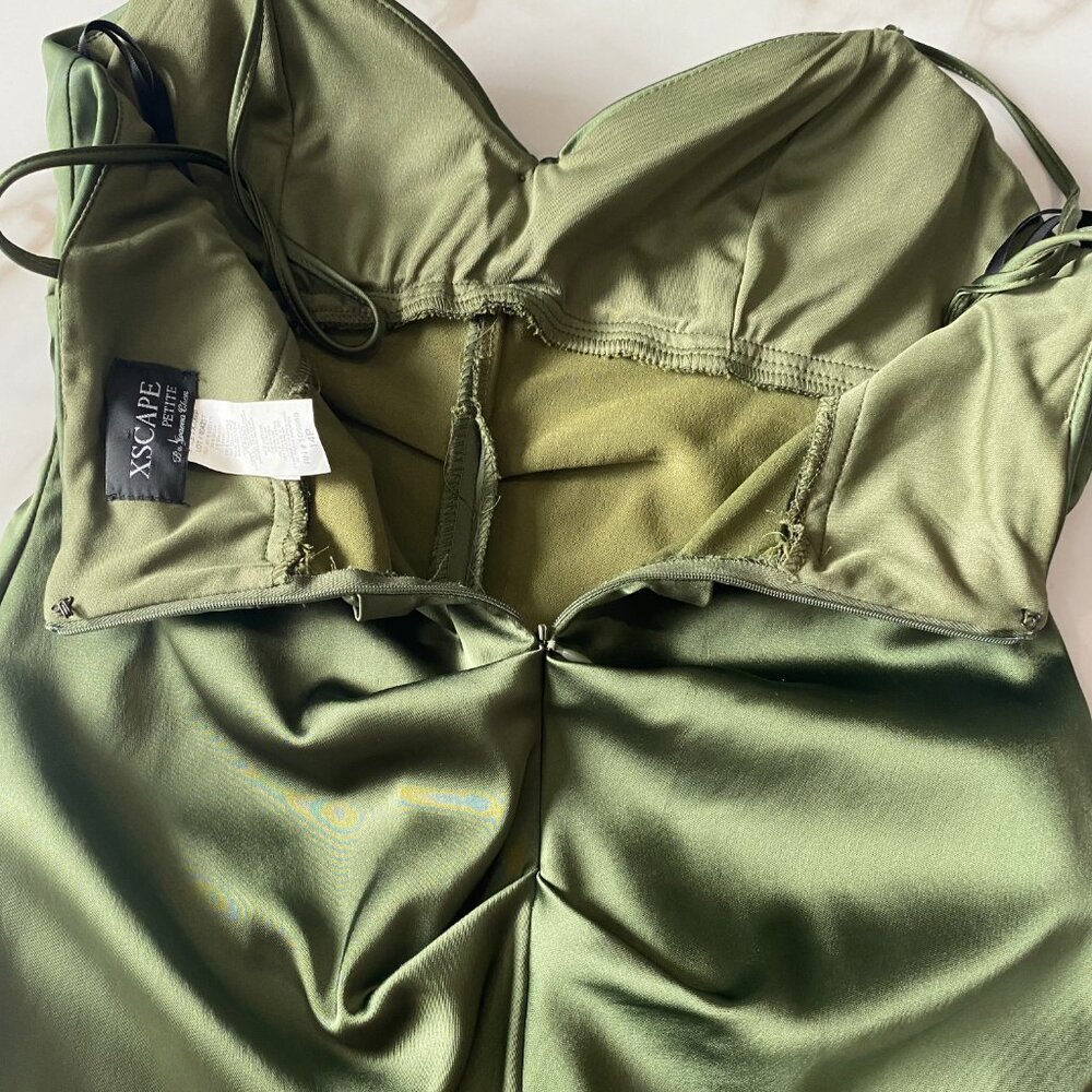 Xscape Petite 14P Satin Olive Green Mermaid Cocktail Dress Jeweled Spaghetti - Picture 5 of 10